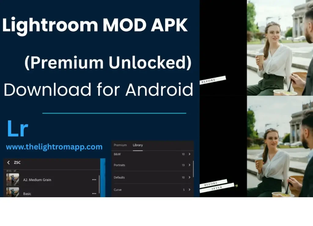 Lightroom Mod APK Banner with Lightroom Logo and Url www.thelightromapp.com